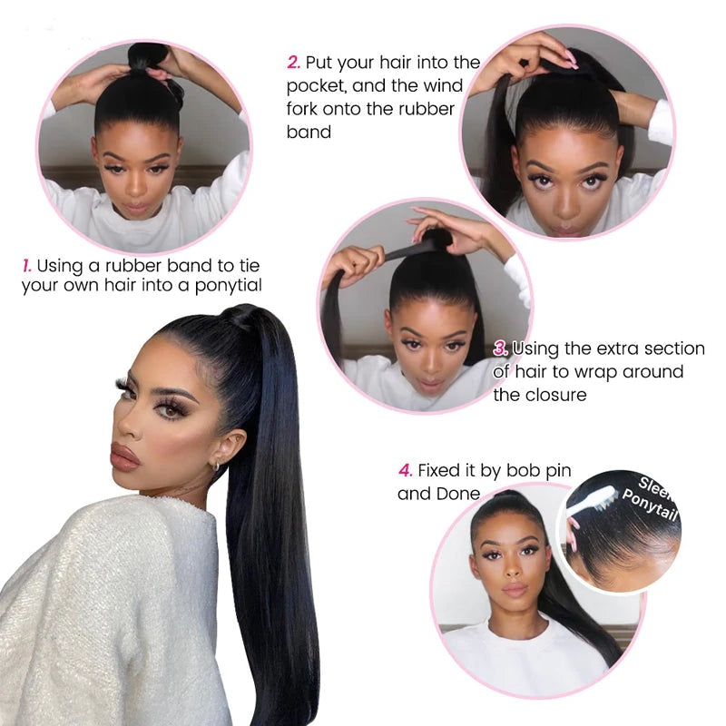 Instant ponytail Extensions Yaki Kinky Straight 100% Human hair natural black