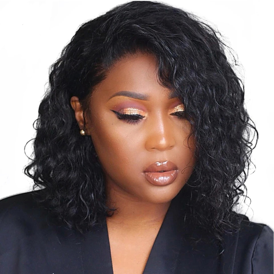 Top Virgin curly 4*4/13*4 bob frontal Wig, Transparent hair black hair