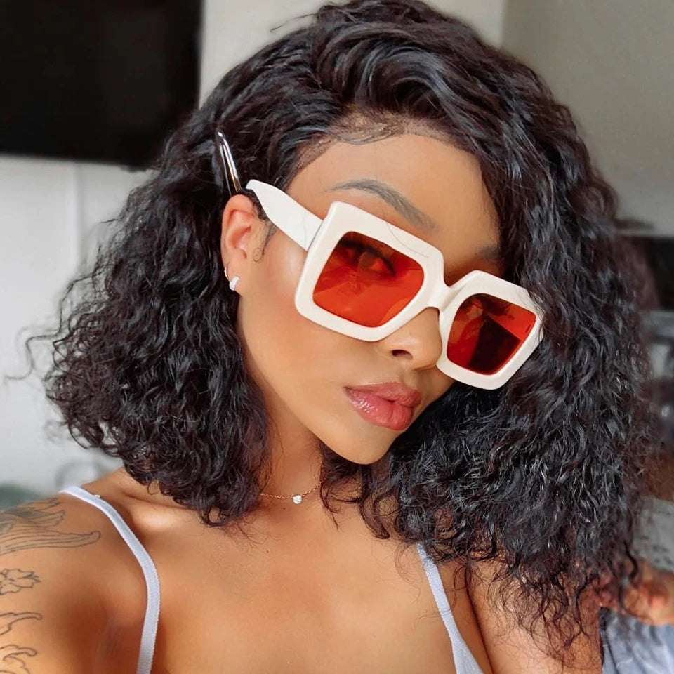 Top Virgin curly 4*4/13*4 bob frontal Wig, Transparent hair black hair
