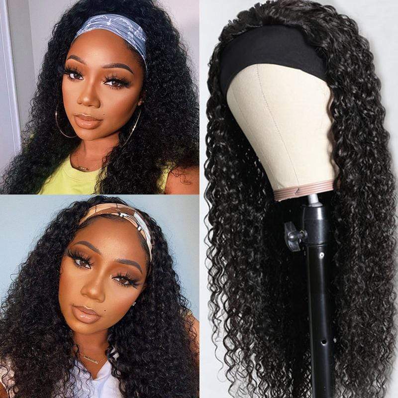 Deep Wave Curly Headband Wig Human Hair Natural Black