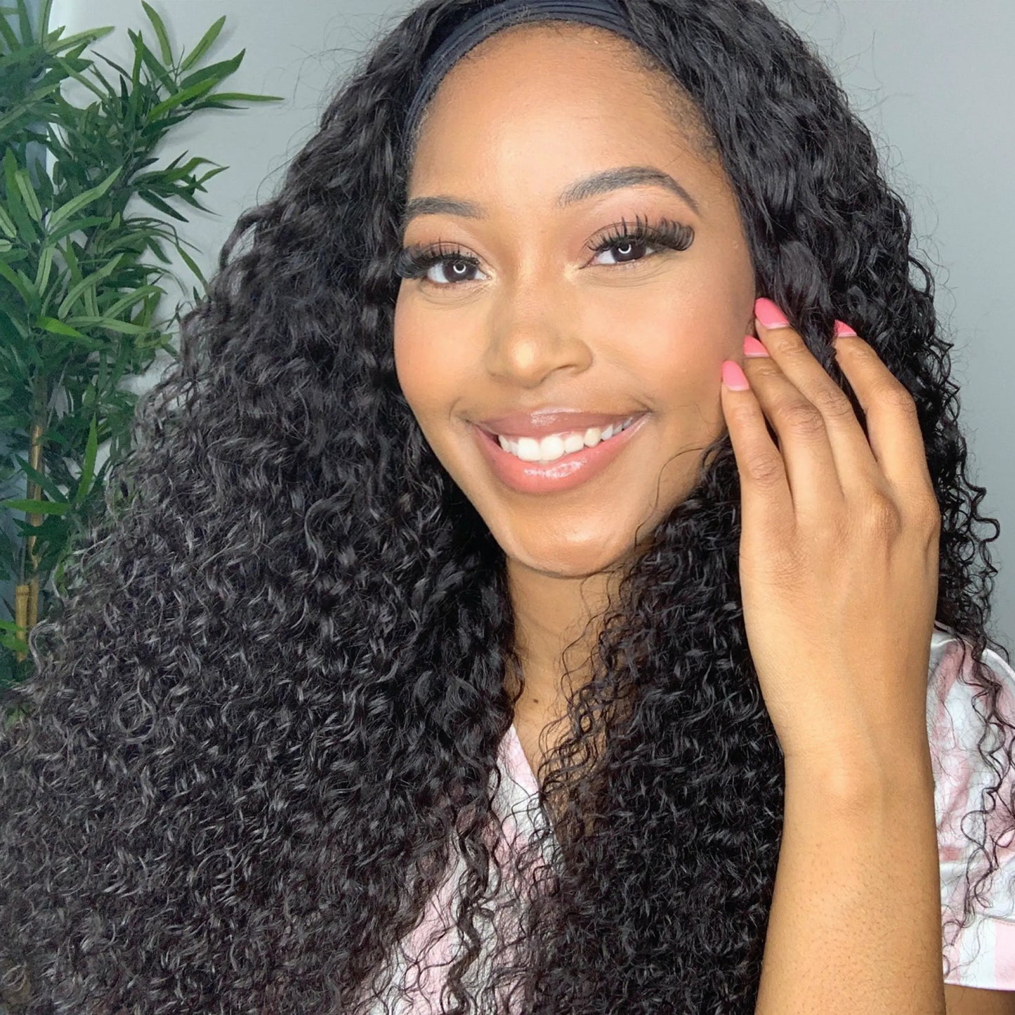 Deep Wave Curly Headband Wig Human Hair Natural Black