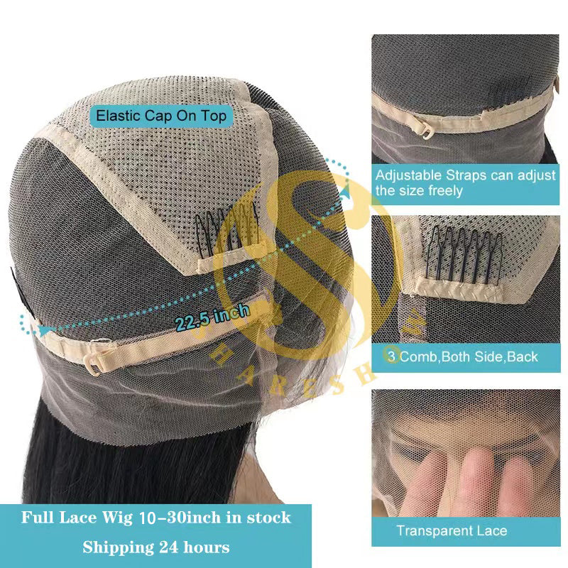 Full lace Wig Top Virgin human hair Natural black Straight Transparent Wig 1b