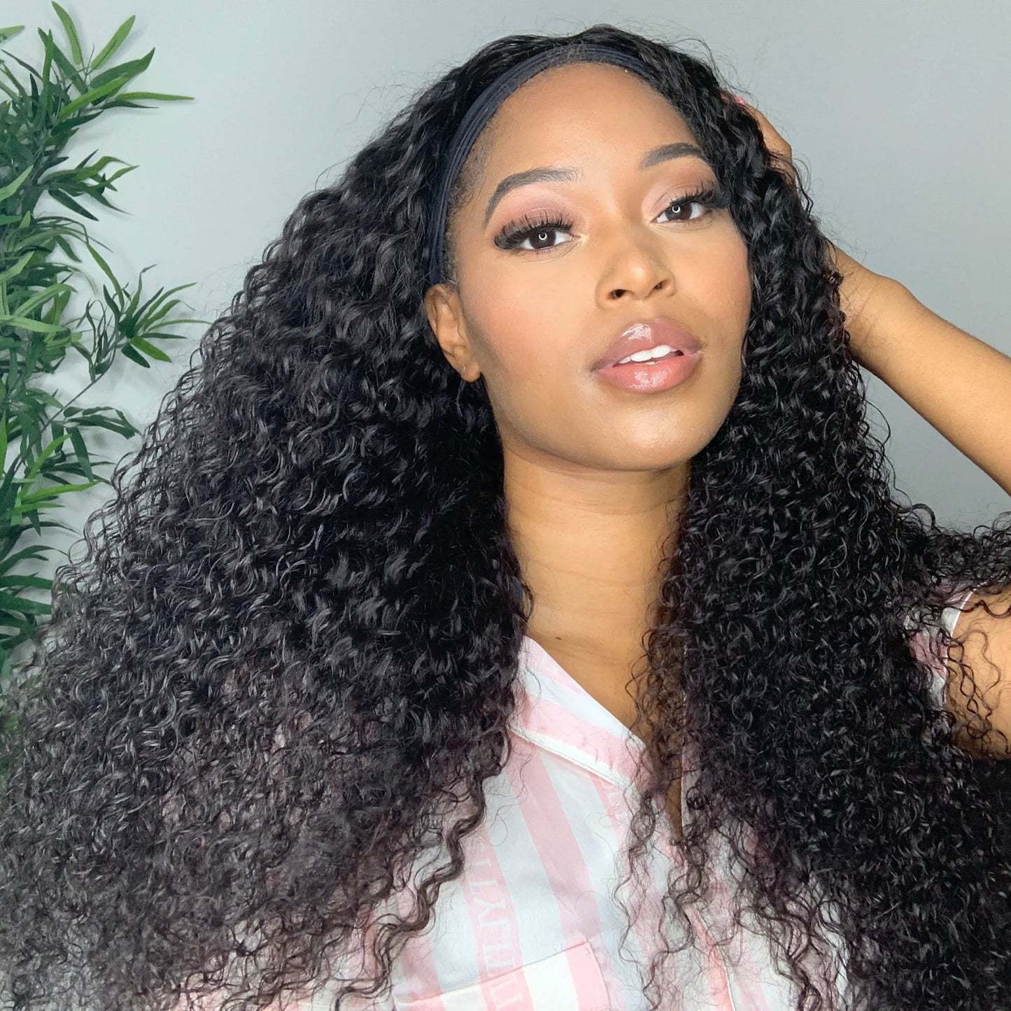 Deep Wave Curly Headband Wig Human Hair Natural Black