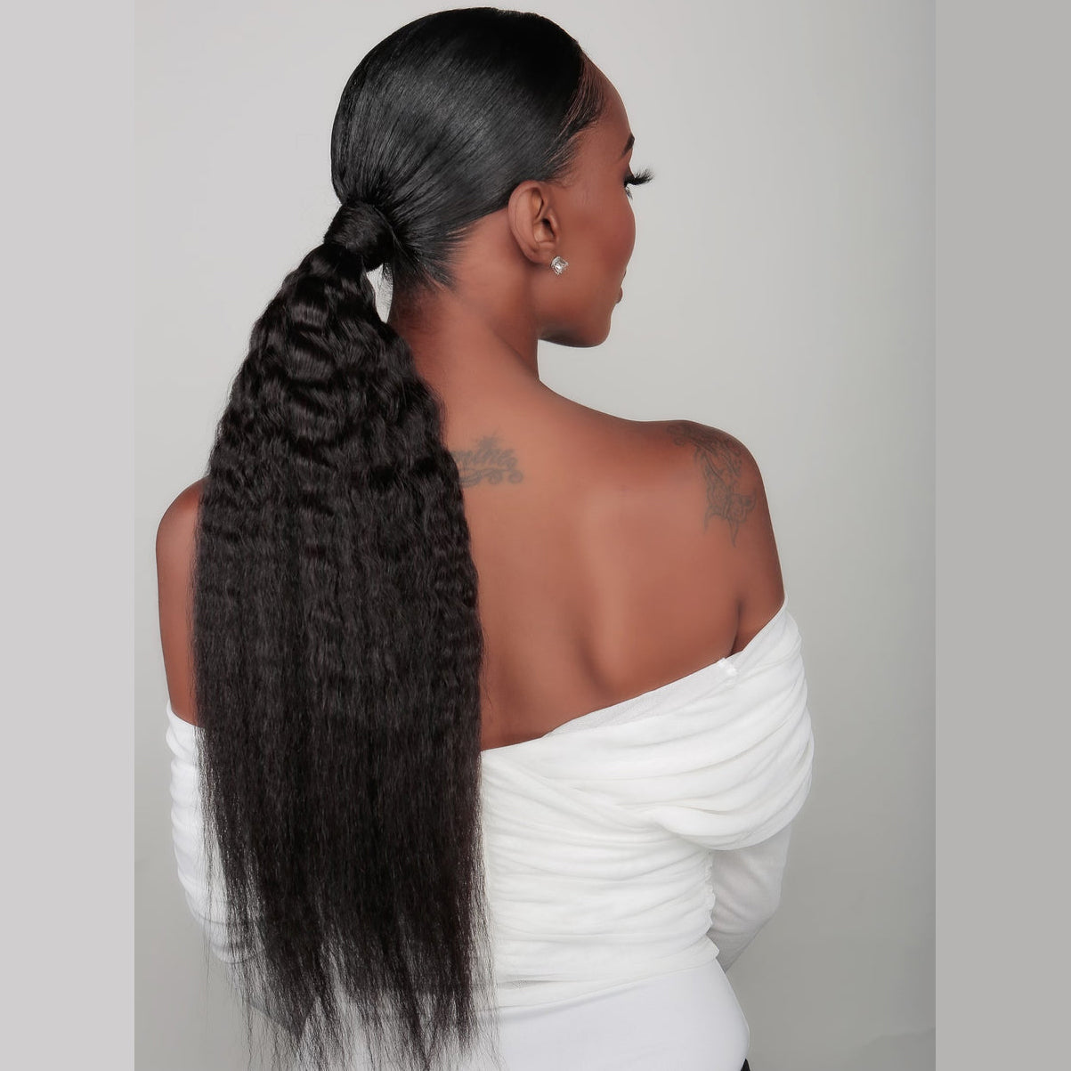 Instant ponytail Extensions Yaki Kinky Straight 100% Human hair natural black