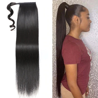 Instant ponytail Extensions Yaki Kinky Straight 100% Human hair natural black