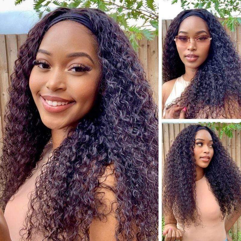 Deep wave Curly Headband Wig Top Virgin human Natural black